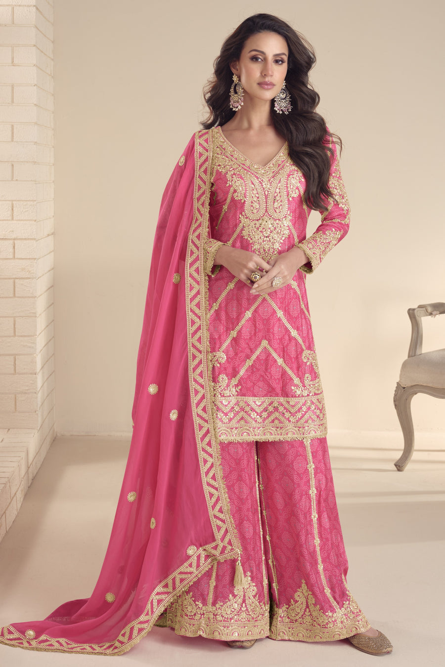 Pink Chinon Silk Kameez With Palazzo Suit For Indian & Pakistani Wedding Festival - Print Work, Thread & Sequence Embroidery