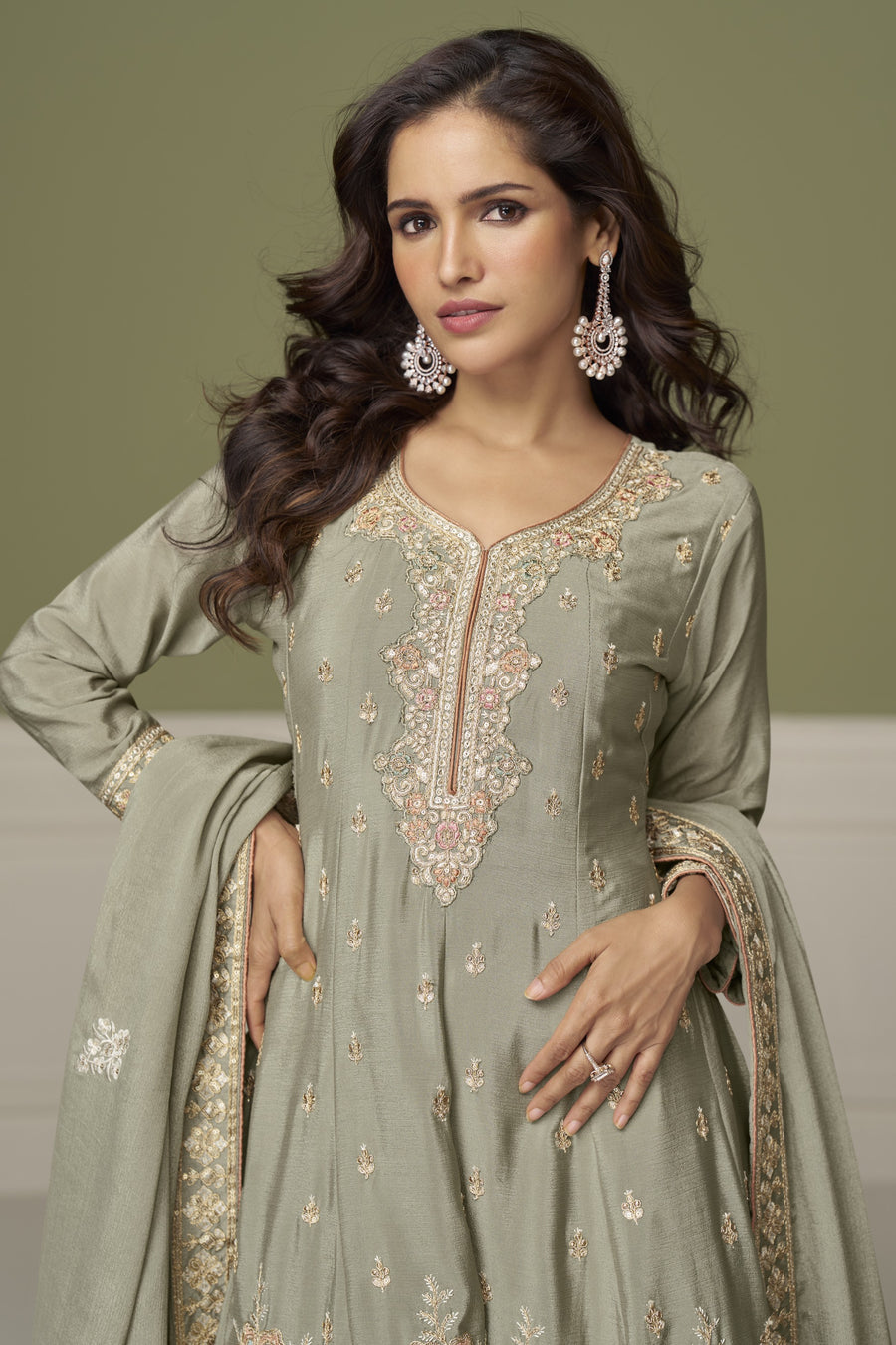 Sage Green Chinon Silk Plazo Suit For Indian & Pakistani Wedding Festival - Thread & Sequence Embroidery