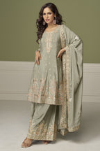 Sage Green Chinon Silk Plazo Suit For Indian & Pakistani Wedding Festival - Thread & Sequence Embroidery