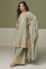 Sage Green Chinon Silk Plazo Suit For Indian & Pakistani Wedding Festival - Thread & Sequence Embroidery