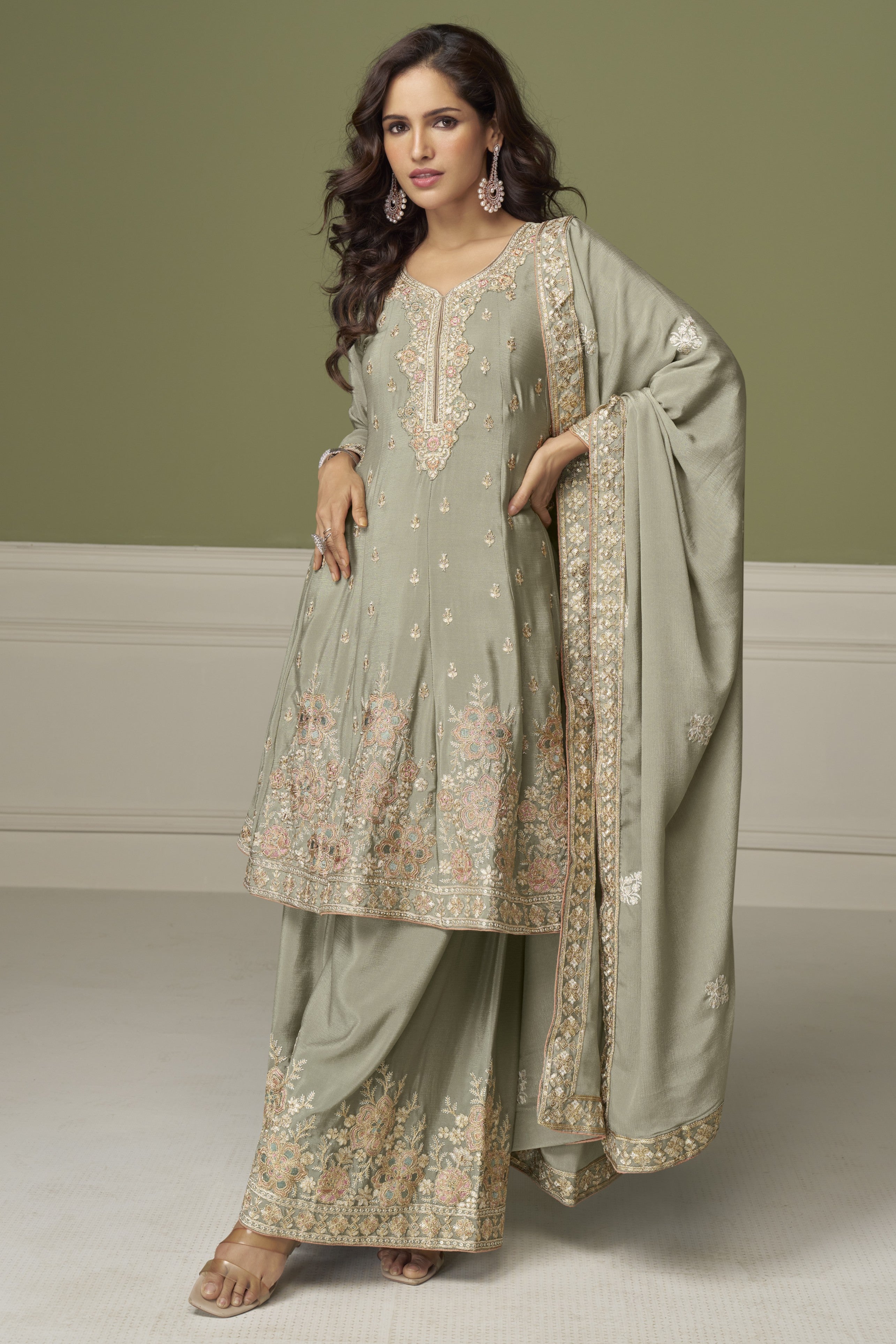 Sage Green Chinon Silk Plazo Suit For Indian & Pakistani Wedding Festival - Thread & Sequence Embroidery