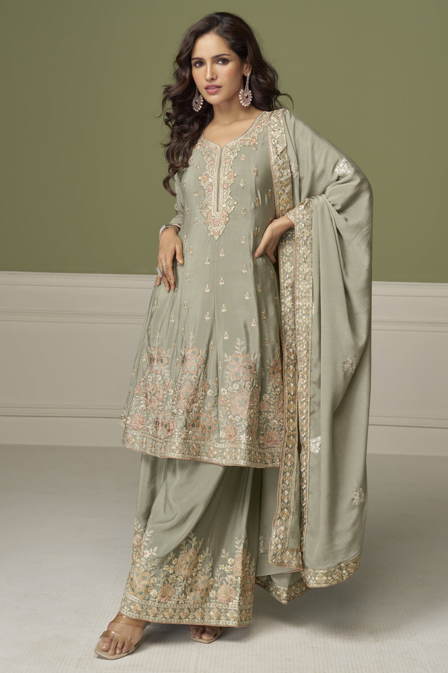 Sage Green Chinon Silk Plazo Suit For Indian & Pakistani Wedding Festival - Thread & Sequence Embroidery