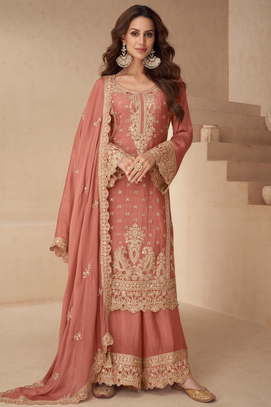 Salmon Chinon Silk Palazo Suit For Indian & Pakistani Wedding Festival - Sequins & Thread Embroidery Work