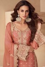 Salmon Chinon Silk Palazo Suit For Indian & Pakistani Wedding Festival - Sequins & Thread Embroidery Work