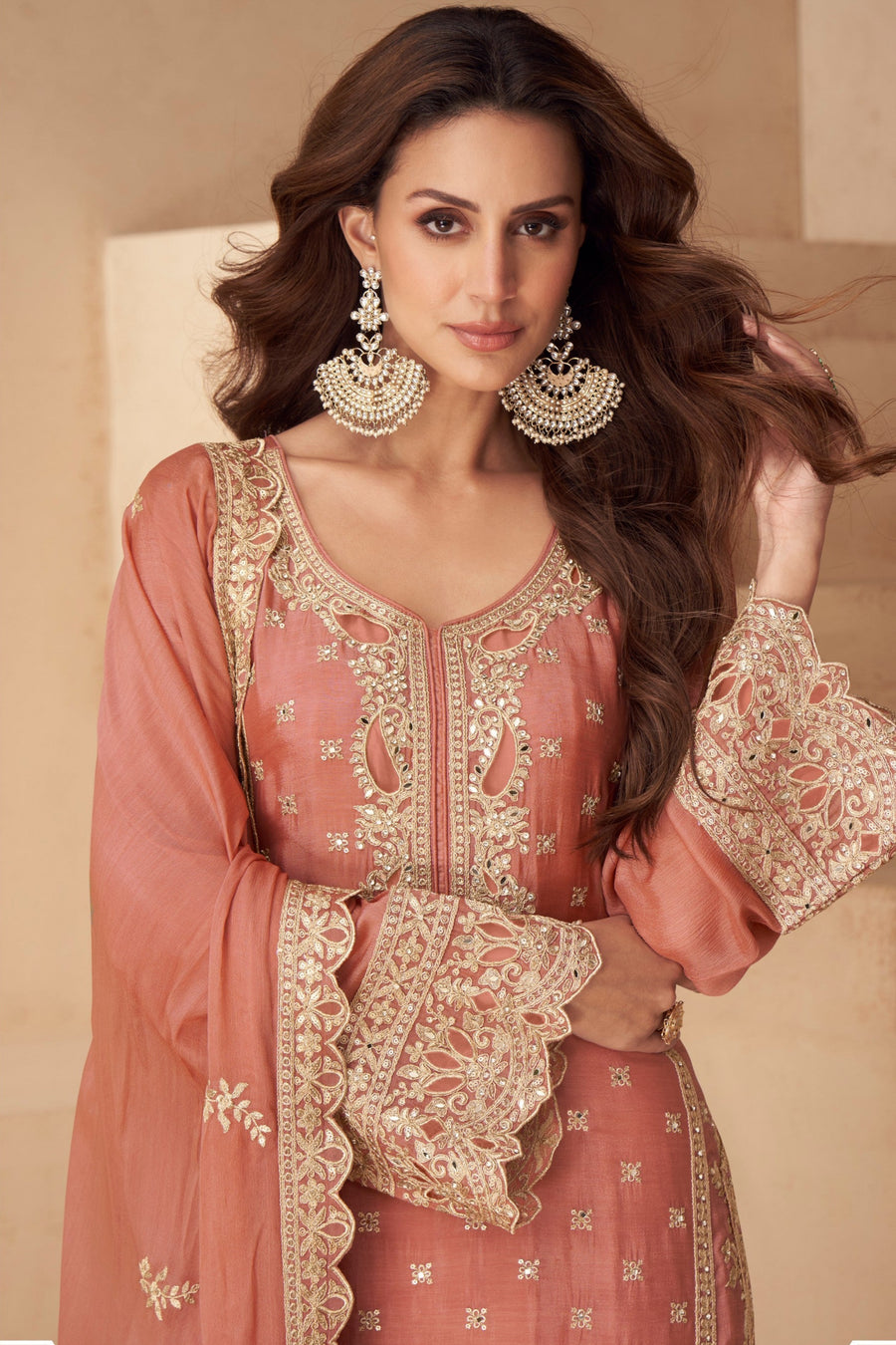 Salmon Chinon Silk Palazo Suit For Indian & Pakistani Wedding Festival - Sequins & Thread Embroidery Work