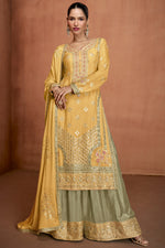 Yellow Chinon Silk Plazo Suit For Indian & Pakistani Wedding Festival - Embroidery Work