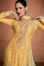 Yellow Chinon Silk Plazo Suit For Indian & Pakistani Wedding Festival - Embroidery Work