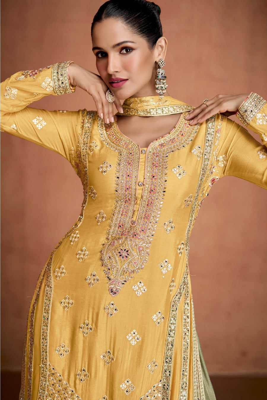 Yellow Chinon Silk Plazo Suit For Indian & Pakistani Wedding Festival - Embroidery Work