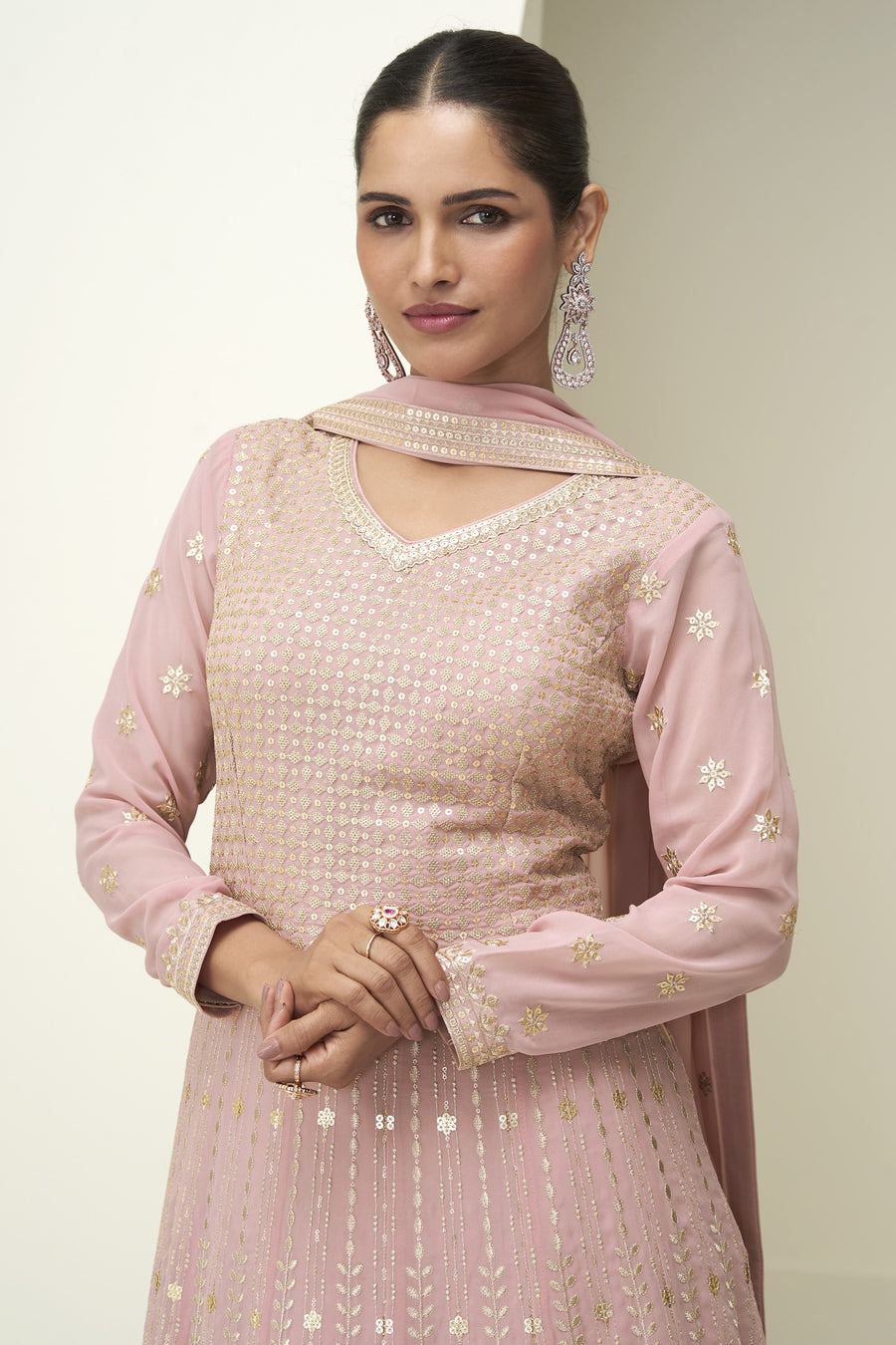 Pink Georgette Anarkali Suit For Indian & Pakistani Wedding Festival - Thread & Sequence Embroidery