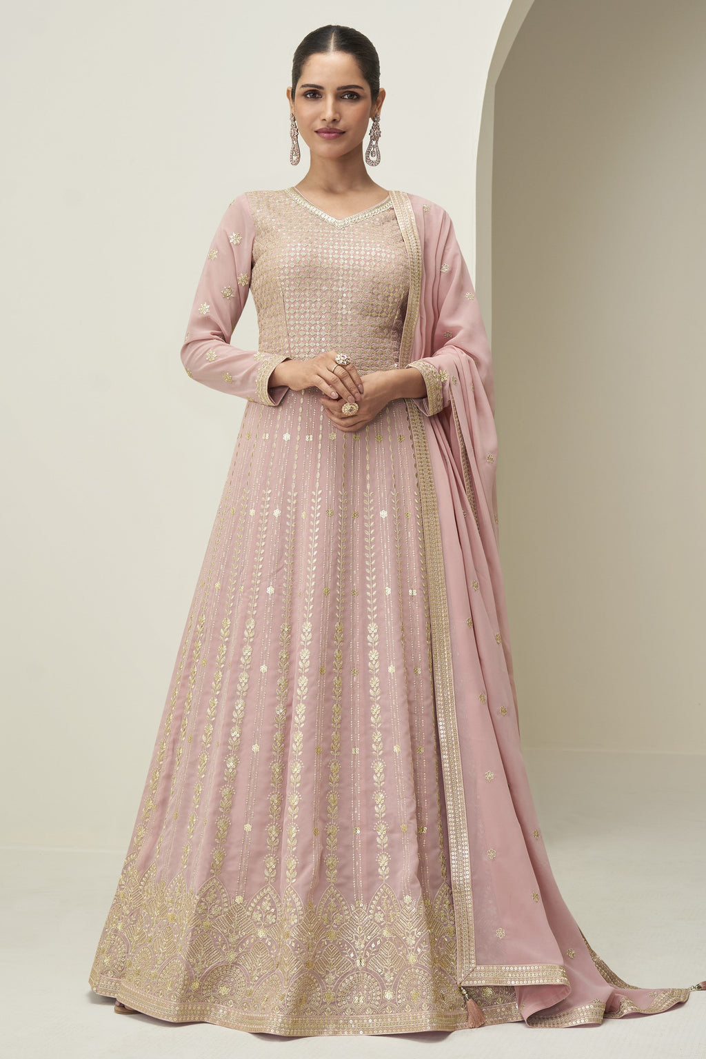Pink Georgette Anarkali Suit For Indian & Pakistani Wedding Festival - Thread & Sequence Embroidery