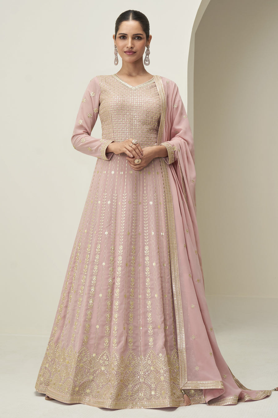 Pink Georgette Anarkali Suit For Indian & Pakistani Wedding Festival - Thread & Sequence Embroidery