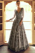 Grey Viscose Shimmer Jacquard Silk Partywear One Piece Gown For Indian & Pakistani Wedding Festival - Sequins & Thread Embroidery Work