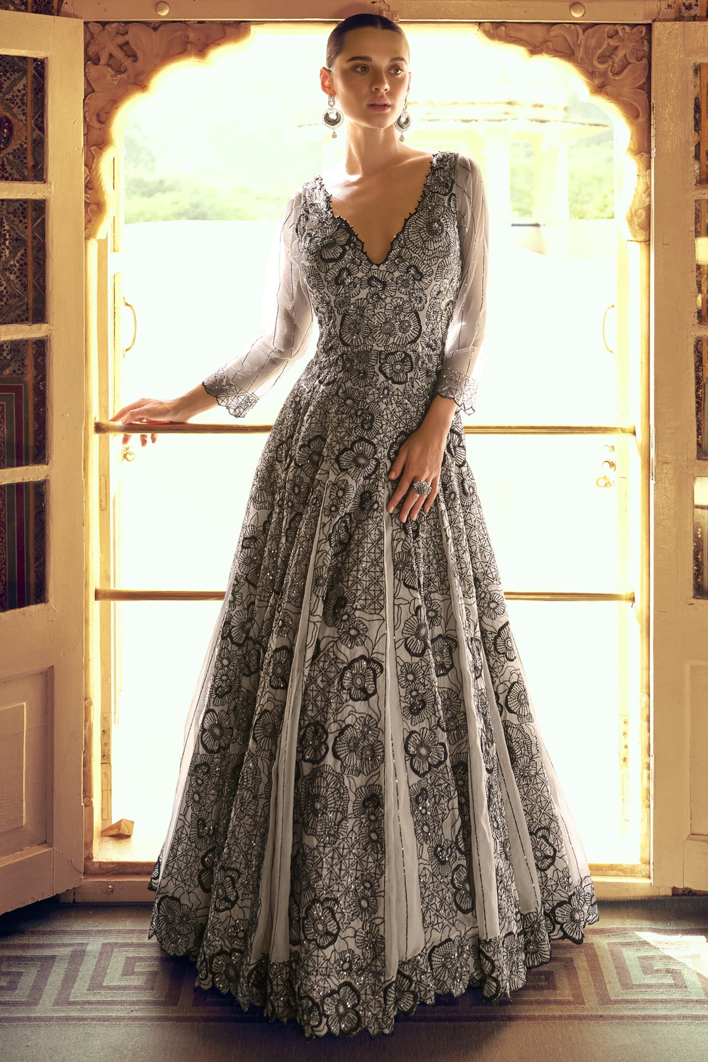 Grey Viscose Shimmer Jacquard Silk Partywear One Piece Gown For Indian & Pakistani Wedding Festival - Sequins & Thread Embroidery Work