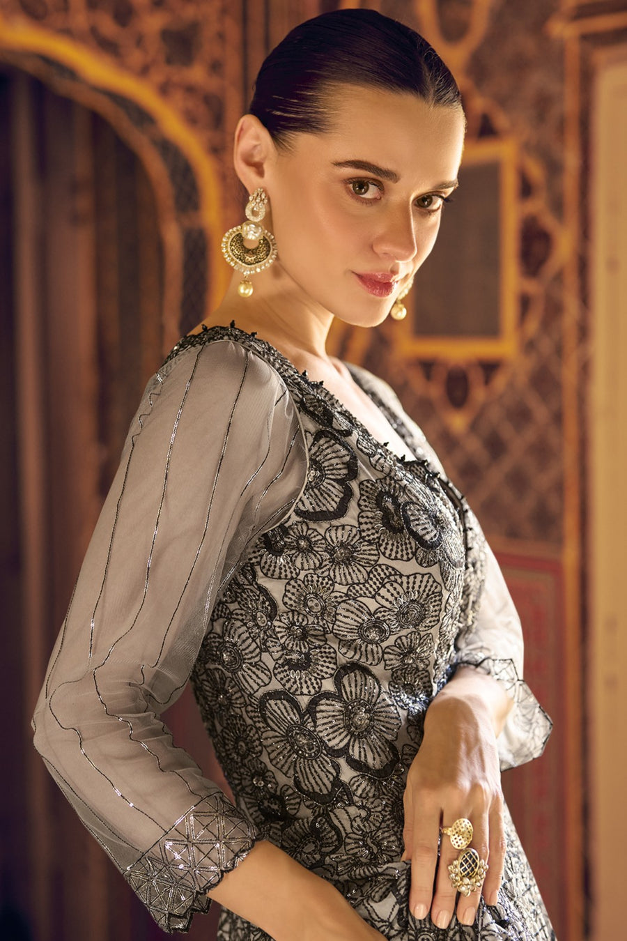 Grey Viscose Shimmer Jacquard Silk Partywear One Piece Gown For Indian & Pakistani Wedding Festival - Sequins & Thread Embroidery Work