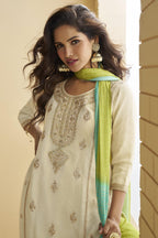 Off White Chinon Silk Sharara Suit For Indian & Pakistani Wedding Festival - Thread & Sequins Embroidery Work, Print Work