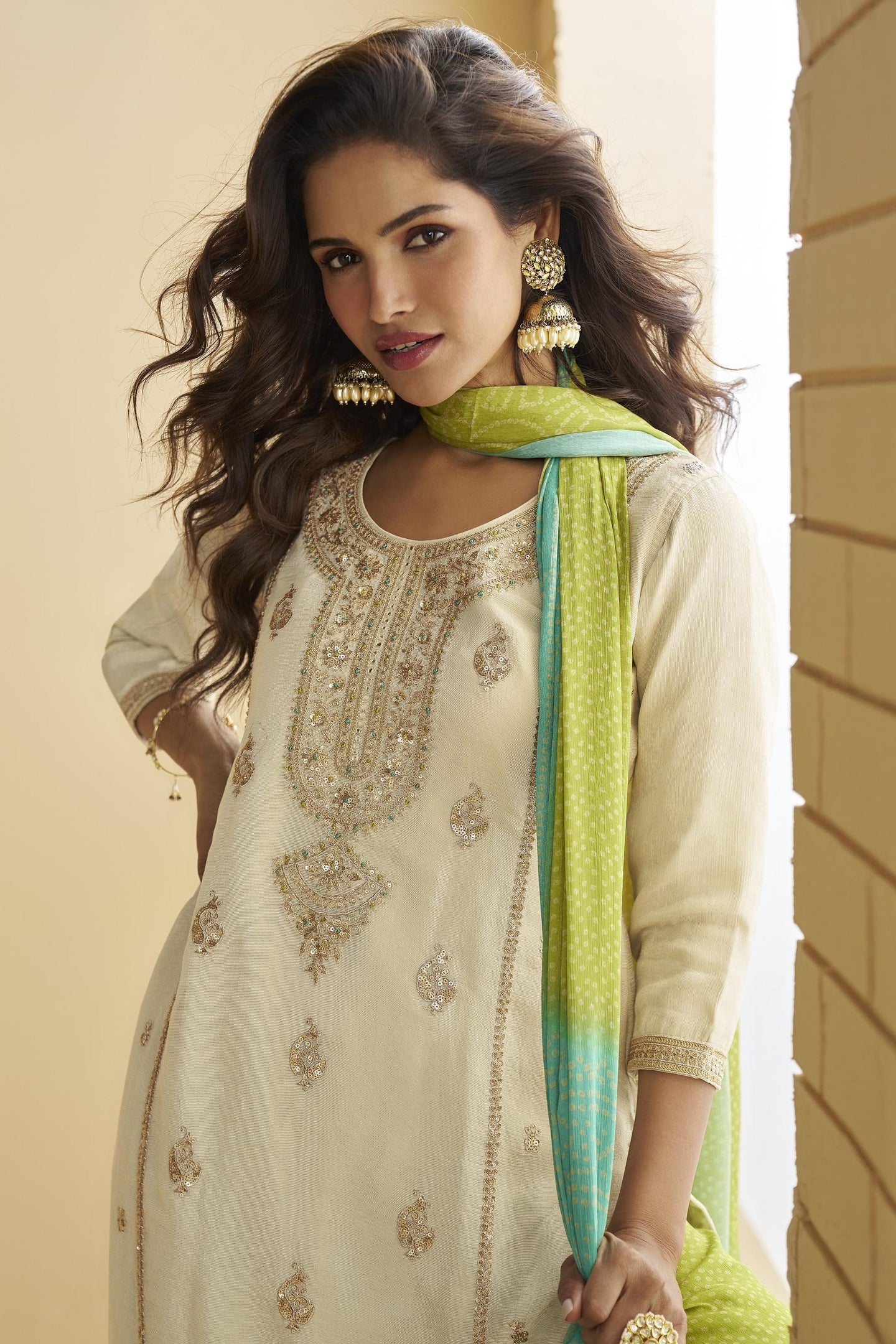Off White Chinon Silk Sharara Suit For Indian & Pakistani Wedding Festival - Thread & Sequins Embroidery Work, Print Work
