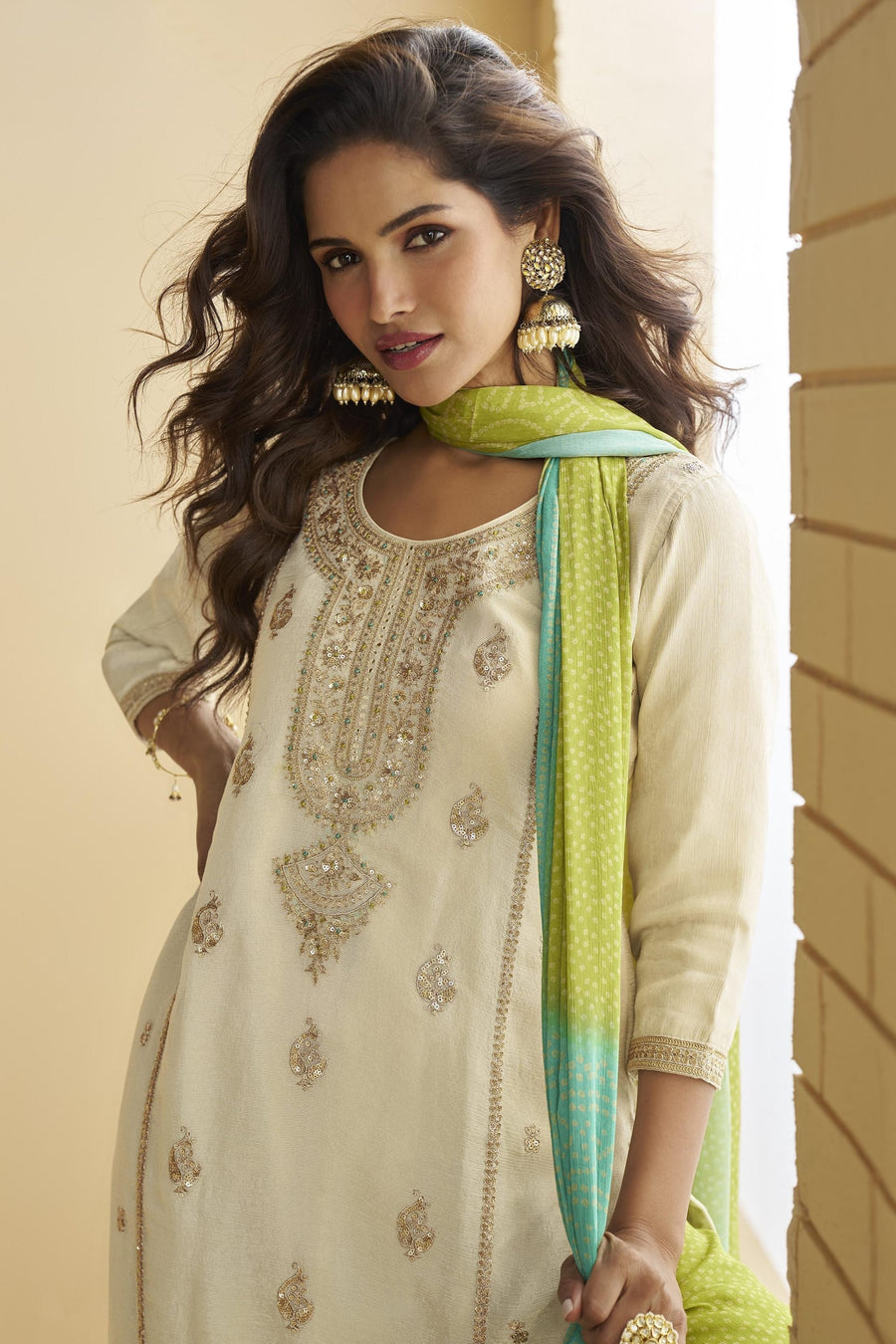 Off White Chinon Silk Sharara Suit For Indian & Pakistani Wedding Festival - Thread & Sequins Embroidery Work, Print Work