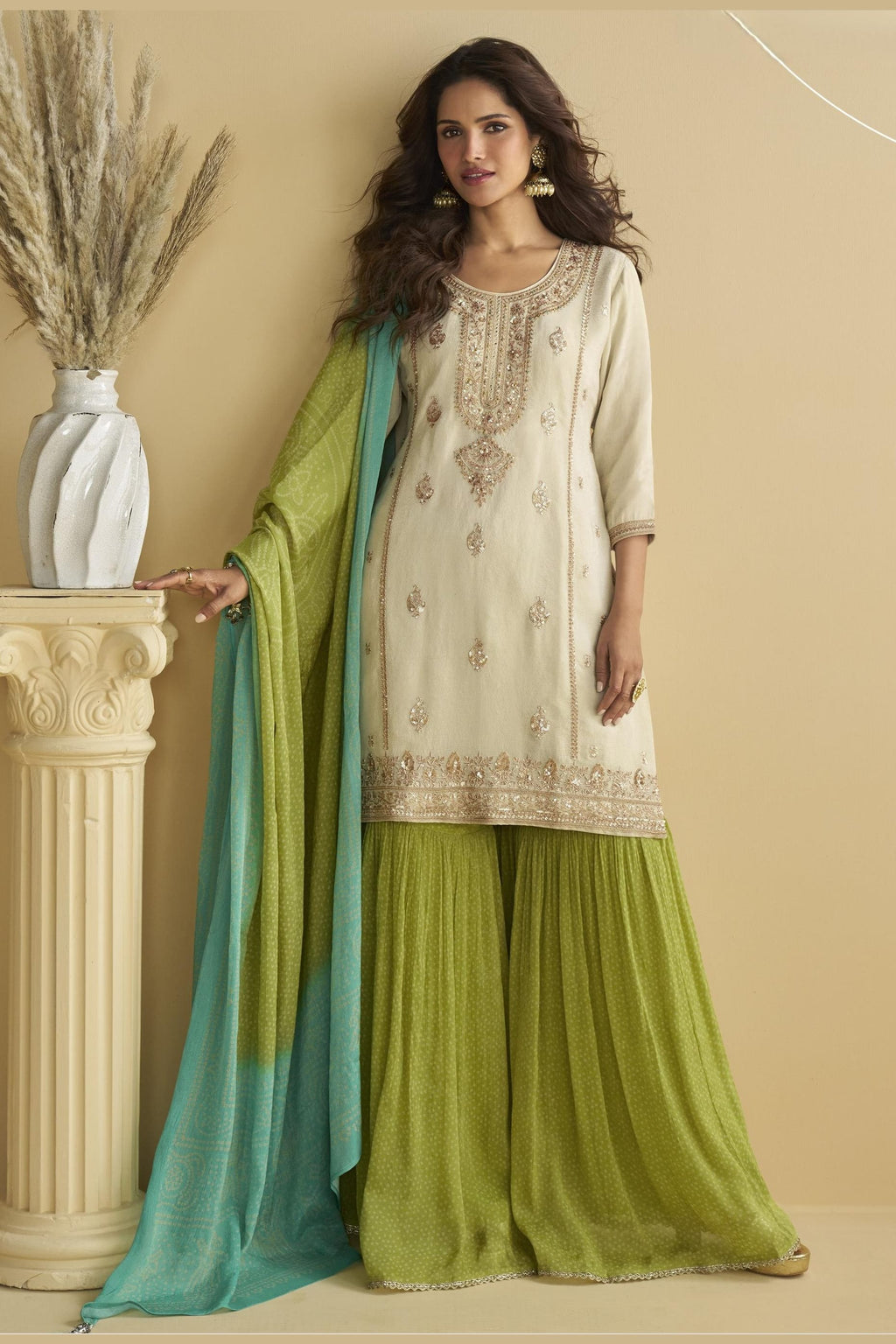 Off White Chinon Silk Sharara Suit For Indian & Pakistani Wedding Festival - Thread & Sequins Embroidery Work, Print Work