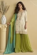 Off White Chinon Silk Sharara Suit For Indian & Pakistani Wedding Festival - Thread & Sequins Embroidery Work, Print Work