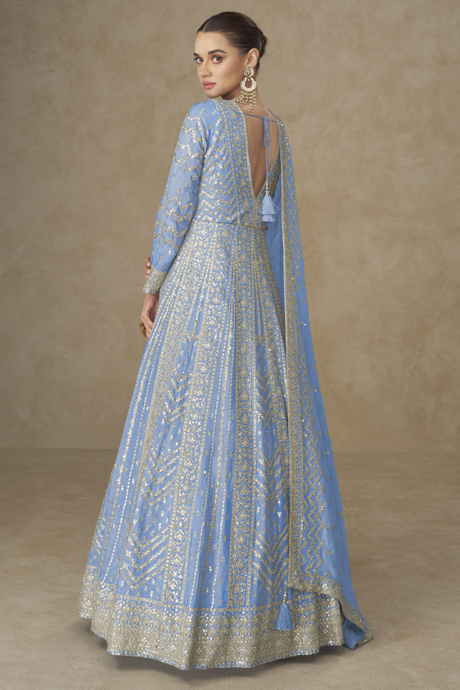 Sky Blue Chinon Silk Anarkali Suit For Indian & Pakistani Wedding Festival - Thread Sequence Embroidery