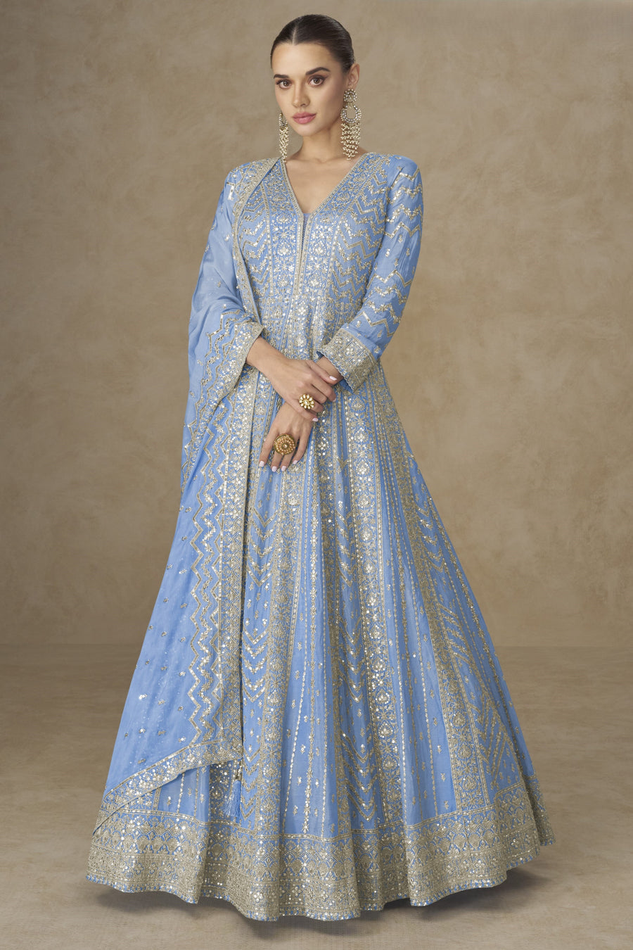 Sky Blue Chinon Silk Anarkali Suit For Indian & Pakistani Wedding Festival - Thread Sequence Embroidery