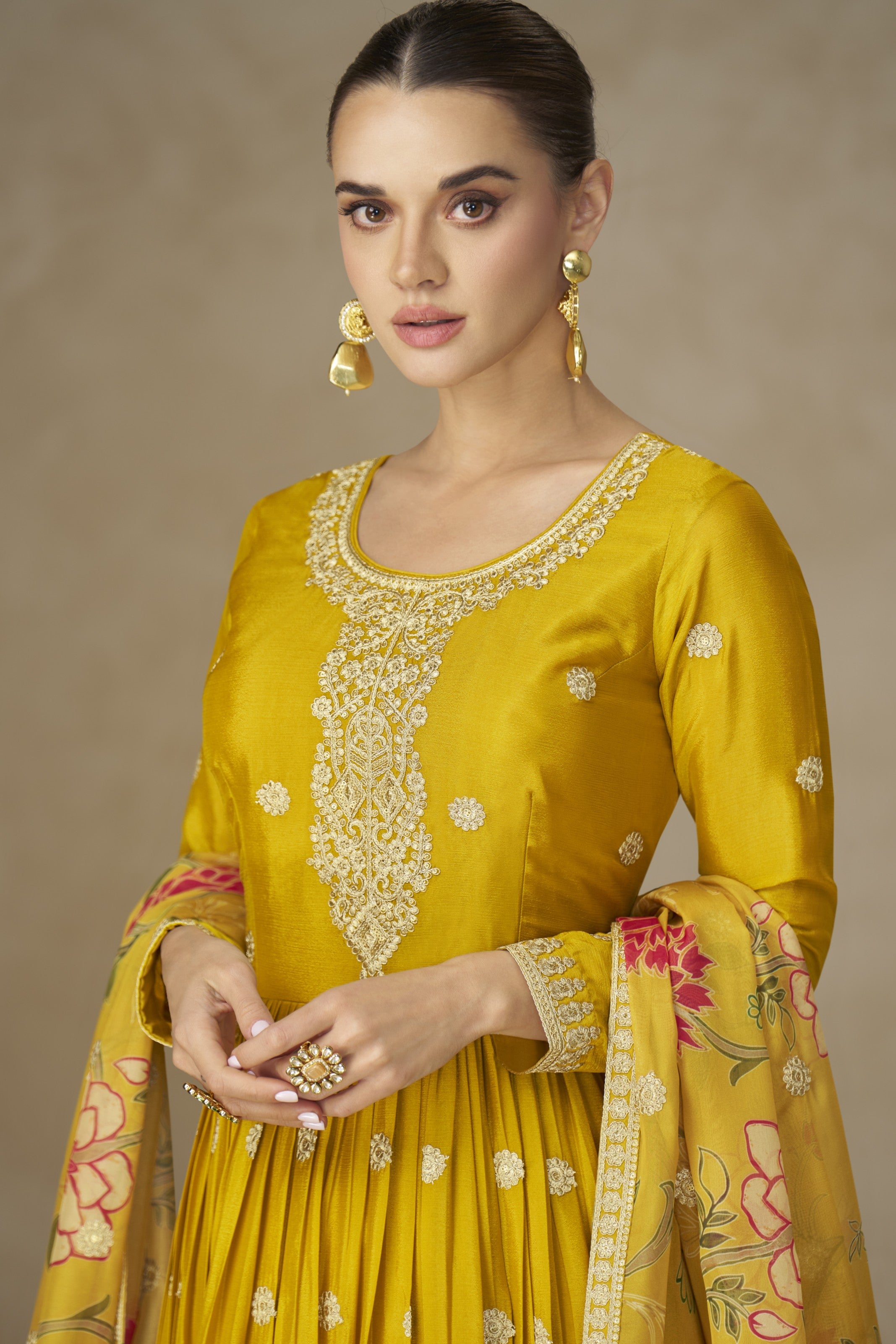 Yellow Chinon Silk Anarkali Suit For Indian & Pakistani Wedding Festival - Thread & Sequence Embroidery Work, Print Work
