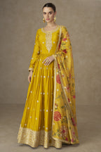 Yellow Chinon Silk Anarkali Suit For Indian & Pakistani Wedding Festival - Thread & Sequence Embroidery Work, Print Work