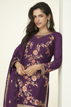 Maroon Chinon Silk Palazzo Suit For Indian & Pakistani Wedding Festival - Thread Embroidery Work