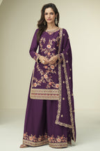 Maroon Chinon Silk Palazzo Suit For Indian & Pakistani Wedding Festival - Thread Embroidery Work