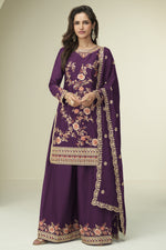 Maroon Chinon Silk Palazzo Suit For Indian & Pakistani Wedding Festival - Thread Embroidery Work