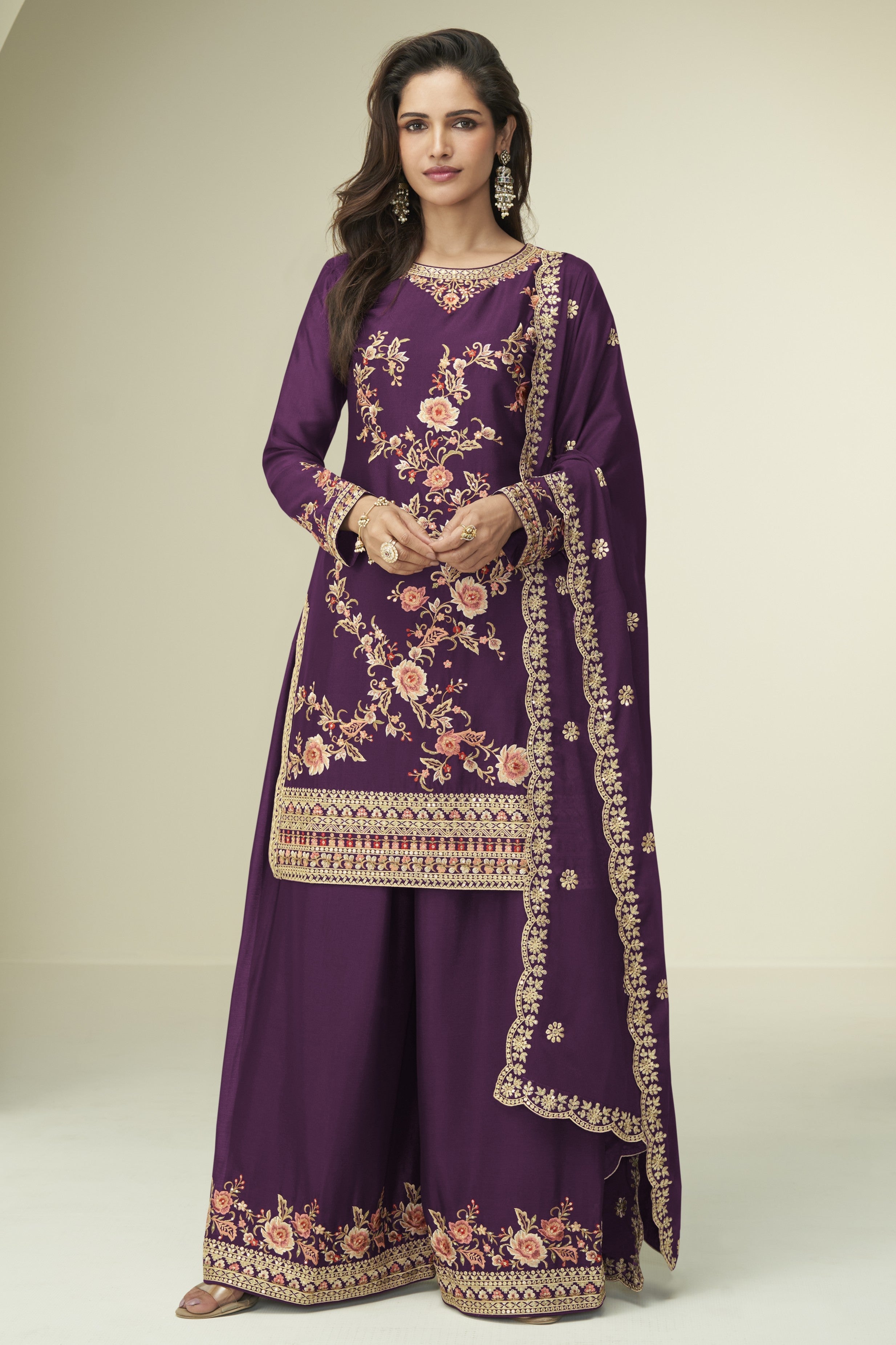 Maroon Chinon Silk Palazzo Suit For Indian & Pakistani Wedding Festival - Thread Embroidery Work