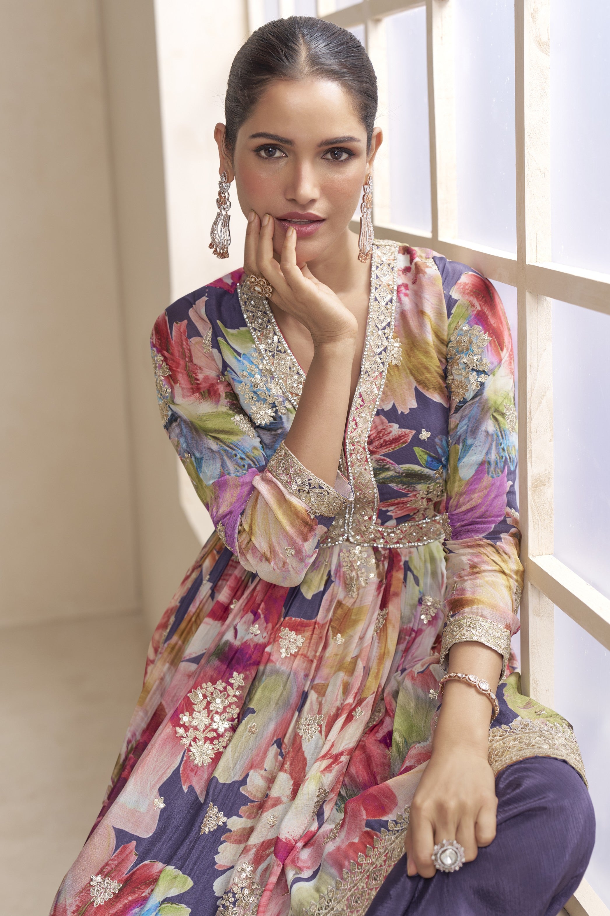 Purple Chinon Silk Floral Plazo Suit For Indian & Pakistani Wedding Festival - Thread & Sequins Embroidery Work, Print Work