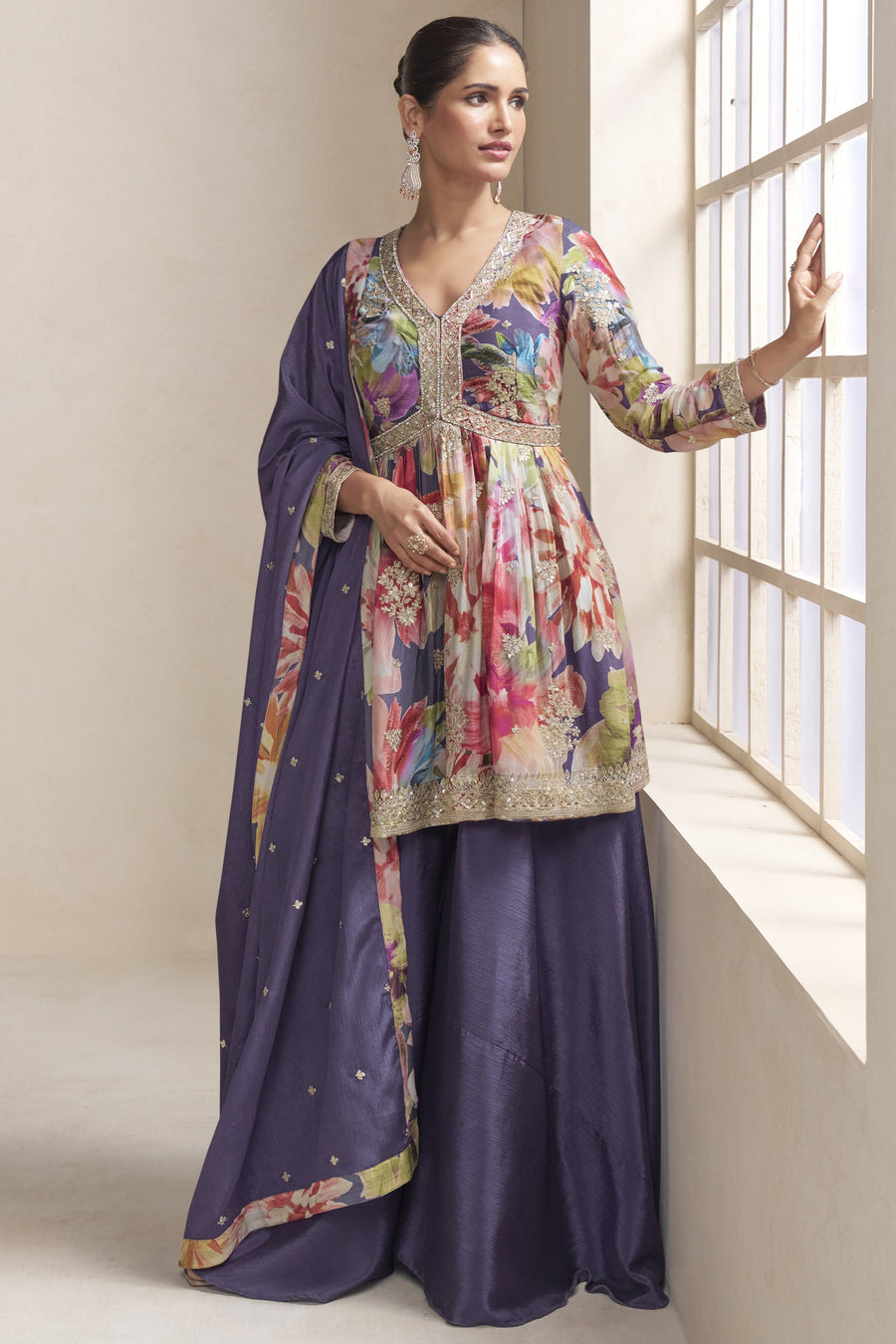 Purple Chinon Silk Floral Plazo Suit For Indian & Pakistani Wedding Festival - Thread & Sequins Embroidery Work, Print Work