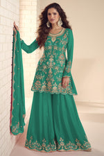 Green Chinon Silk Plazo Suit For Indian & Pakistani Wedding Festival - Thread & Sequins Embroidery Work, Hand Work
