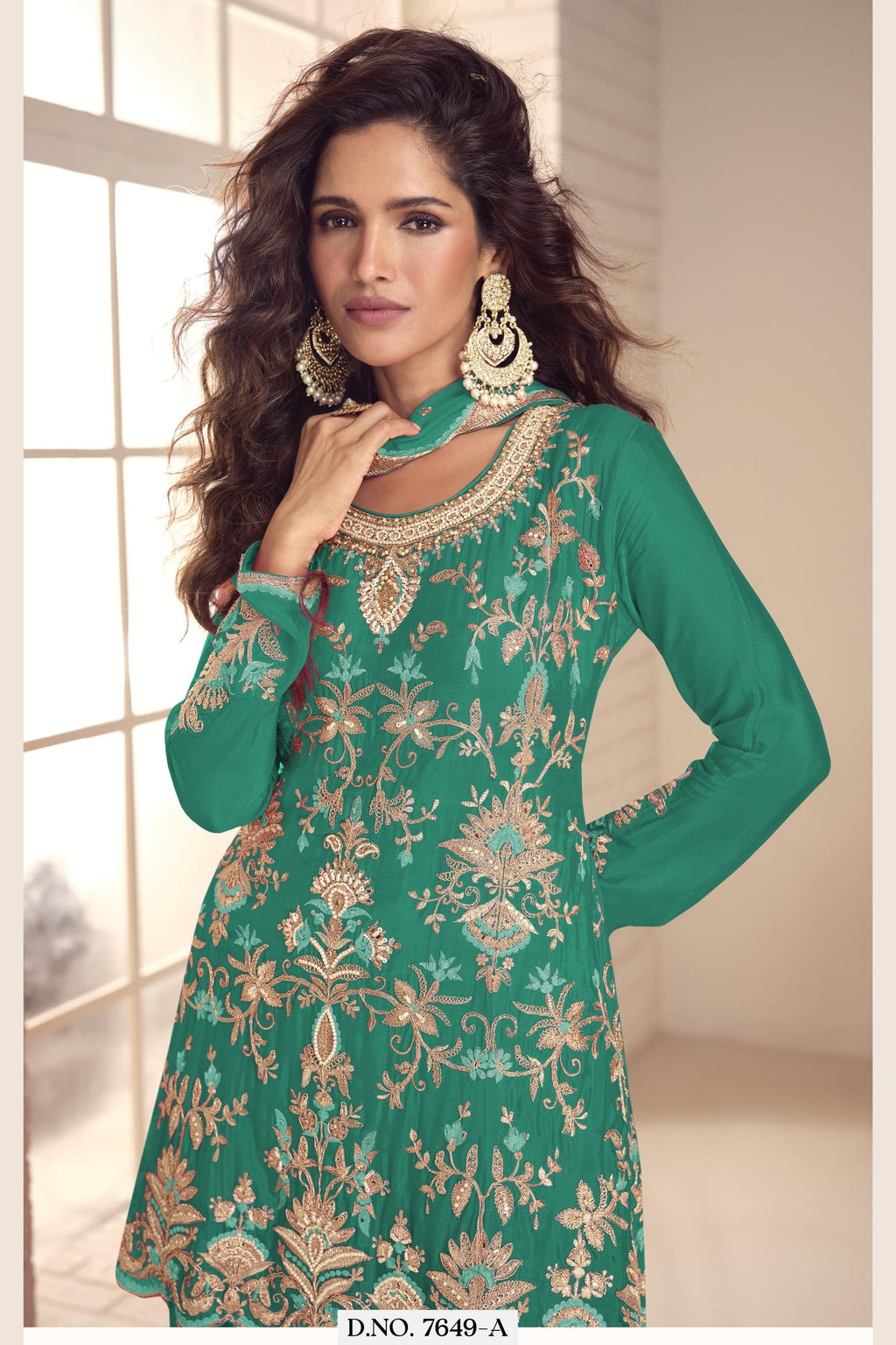 Green Chinon Silk Plazo Suit For Indian & Pakistani Wedding Festival - Thread & Sequins Embroidery Work, Hand Work