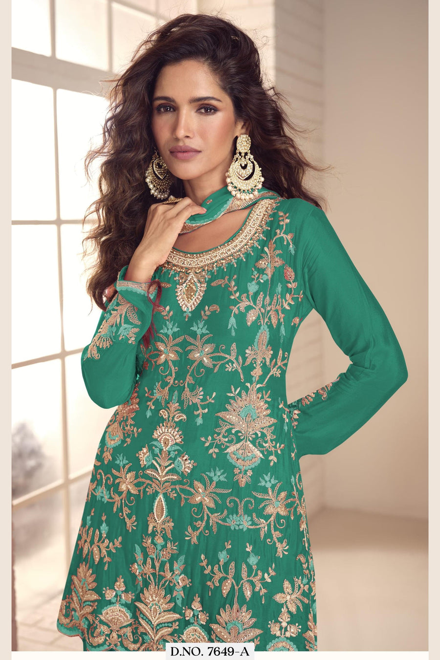 Green Chinon Silk Plazo Suit For Indian & Pakistani Wedding Festival - Thread & Sequins Embroidery Work, Hand Work