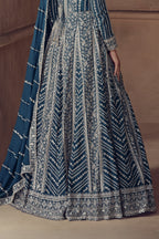 Teal Chinon Silk Anarkali Suit For Indian & Pakistani Wedding Festival - Thread & Sequence Embroidery Work