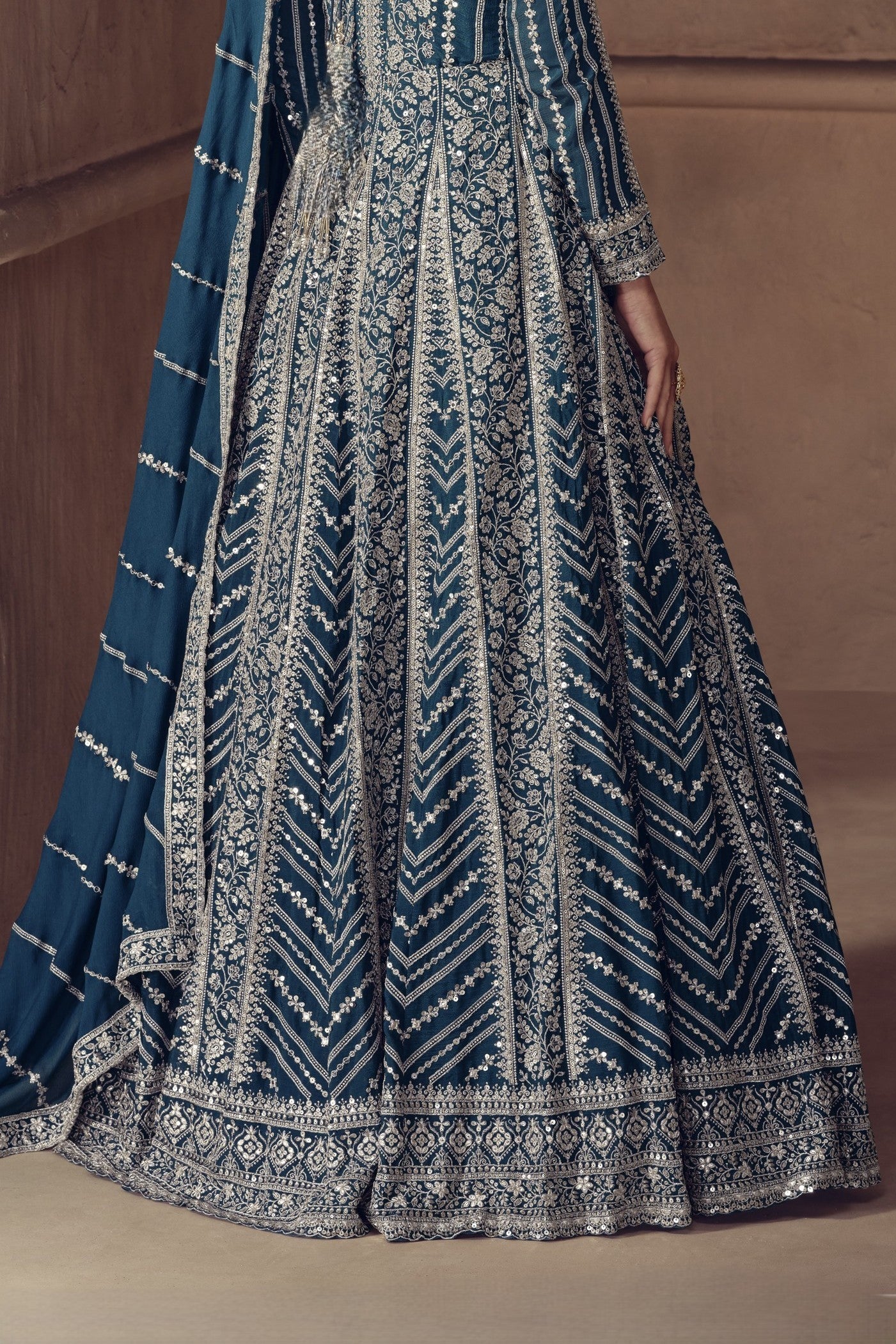 Teal Chinon Silk Anarkali Suit For Indian & Pakistani Wedding Festival - Thread & Sequence Embroidery Work