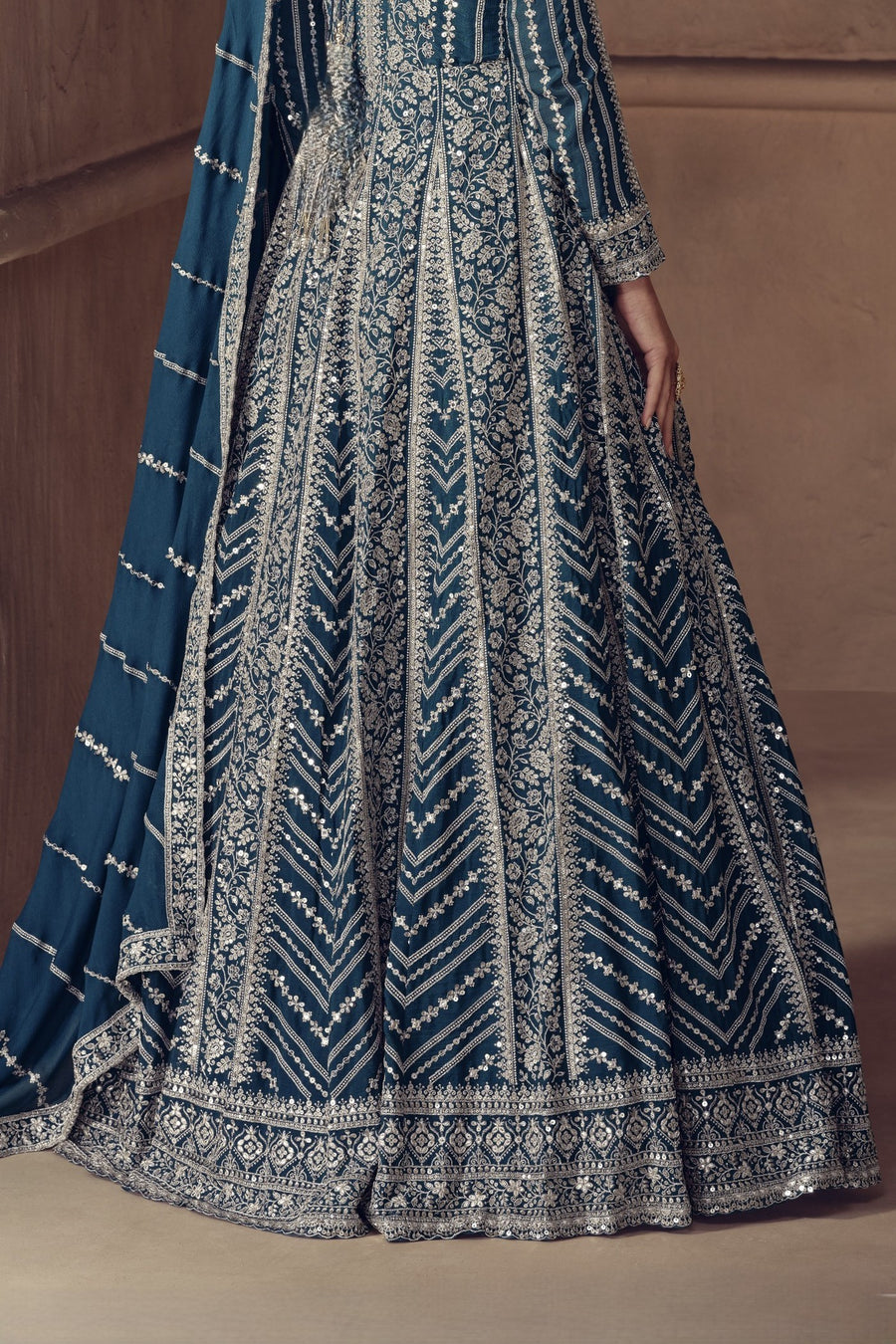 Teal Chinon Silk Anarkali Suit For Indian & Pakistani Wedding Festival - Thread & Sequence Embroidery Work