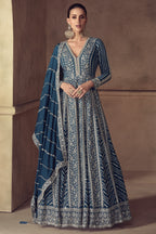 Teal Chinon Silk Anarkali Suit For Indian & Pakistani Wedding Festival - Thread & Sequence Embroidery Work