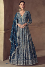 Teal Chinon Silk Anarkali Suit For Indian & Pakistani Wedding Festival - Thread & Sequence Embroidery Work