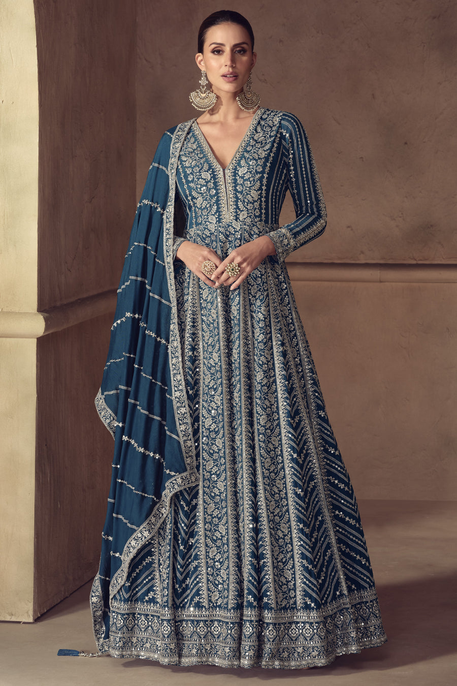 Teal Chinon Silk Anarkali Suit For Indian & Pakistani Wedding Festival - Thread & Sequence Embroidery Work