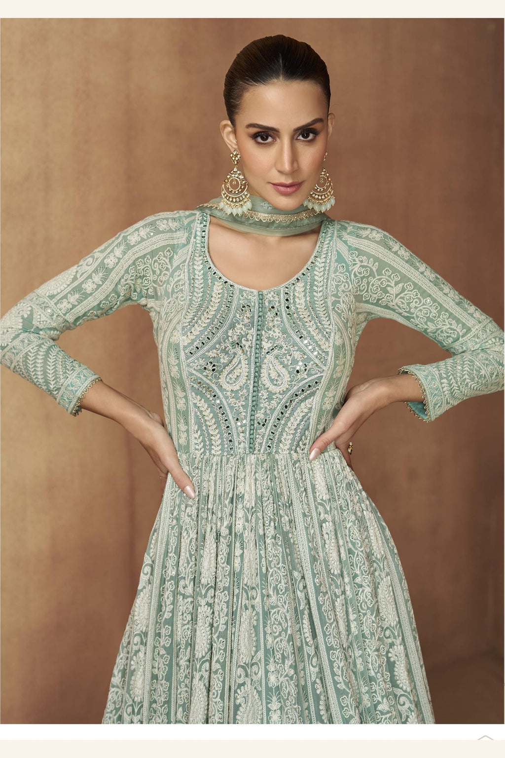 Pista Georgette Anarkali Suit For Indian & Pakistani Wedding Festival - Sequins & Thread Embroidery Work, Real Mirror Work