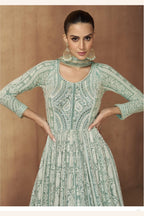 Pista Georgette Anarkali Suit For Indian & Pakistani Wedding Festival - Sequins & Thread Embroidery Work, Real Mirror Work