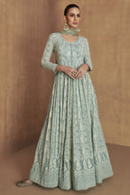 Pista Georgette Anarkali Suit For Indian & Pakistani Wedding Festival - Sequins & Thread Embroidery Work, Real Mirror Work