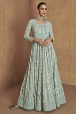 Pista Georgette Anarkali Suit For Indian & Pakistani Wedding Festival - Sequins & Thread Embroidery Work, Real Mirror Work