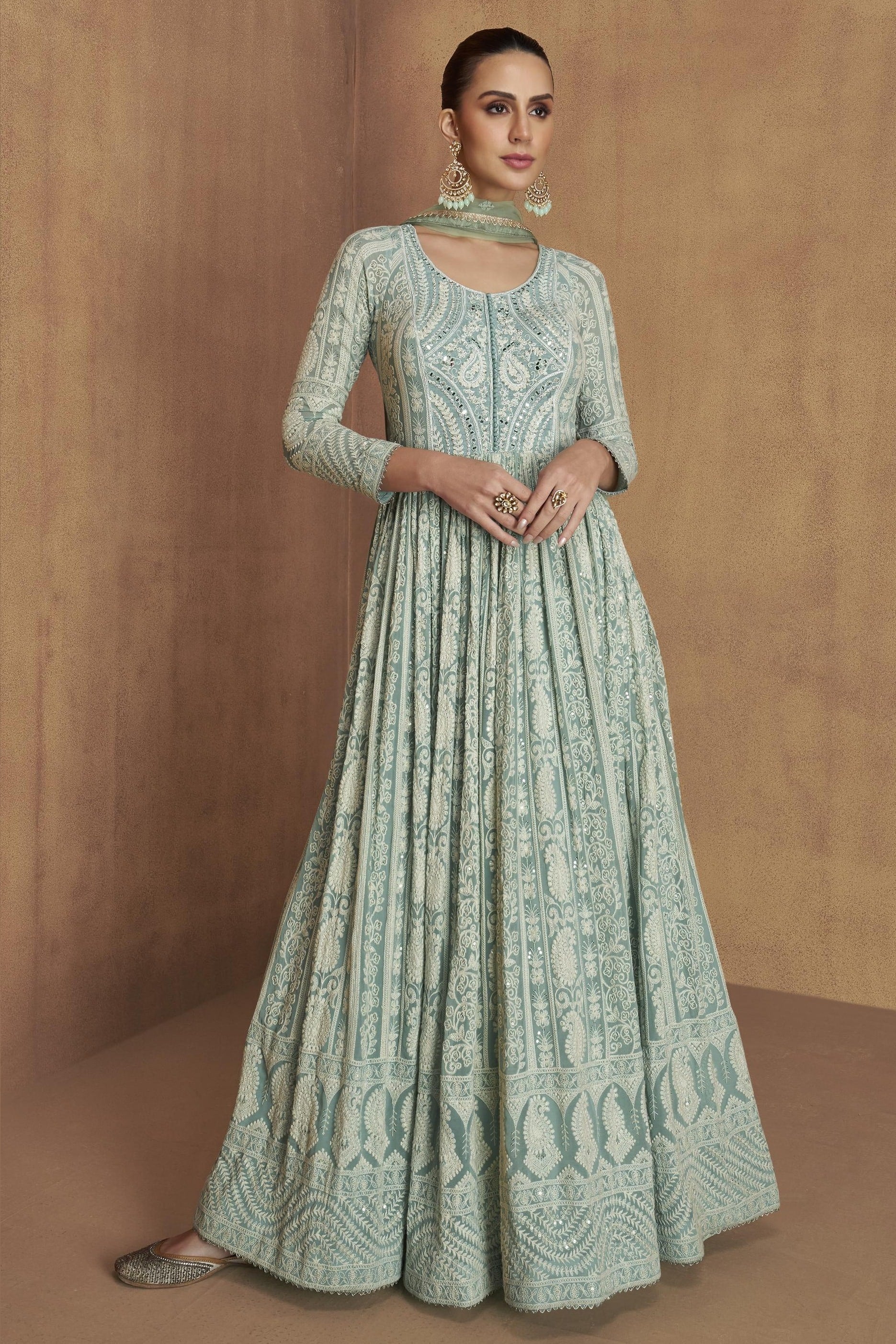 Pista Georgette Anarkali Suit For Indian & Pakistani Wedding Festival - Sequins & Thread Embroidery Work, Real Mirror Work