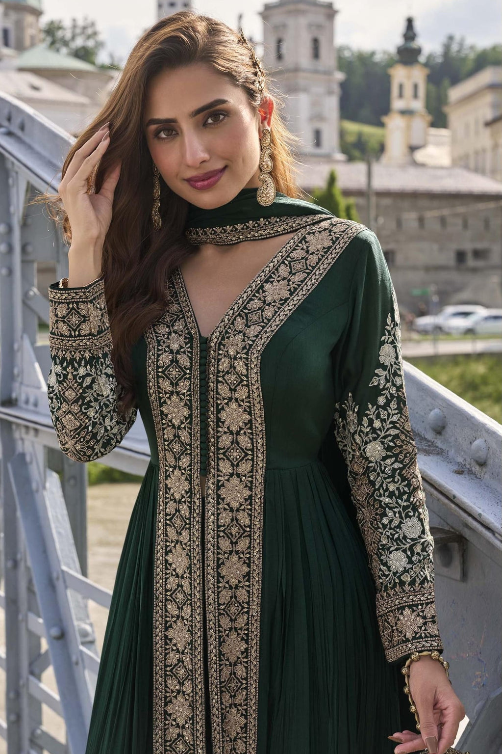 Green Chinon Silk Front Slit Anarkali With Pent For Indian & Pakistani Wedding Festival - Sequins & Thread Embroidery Work
