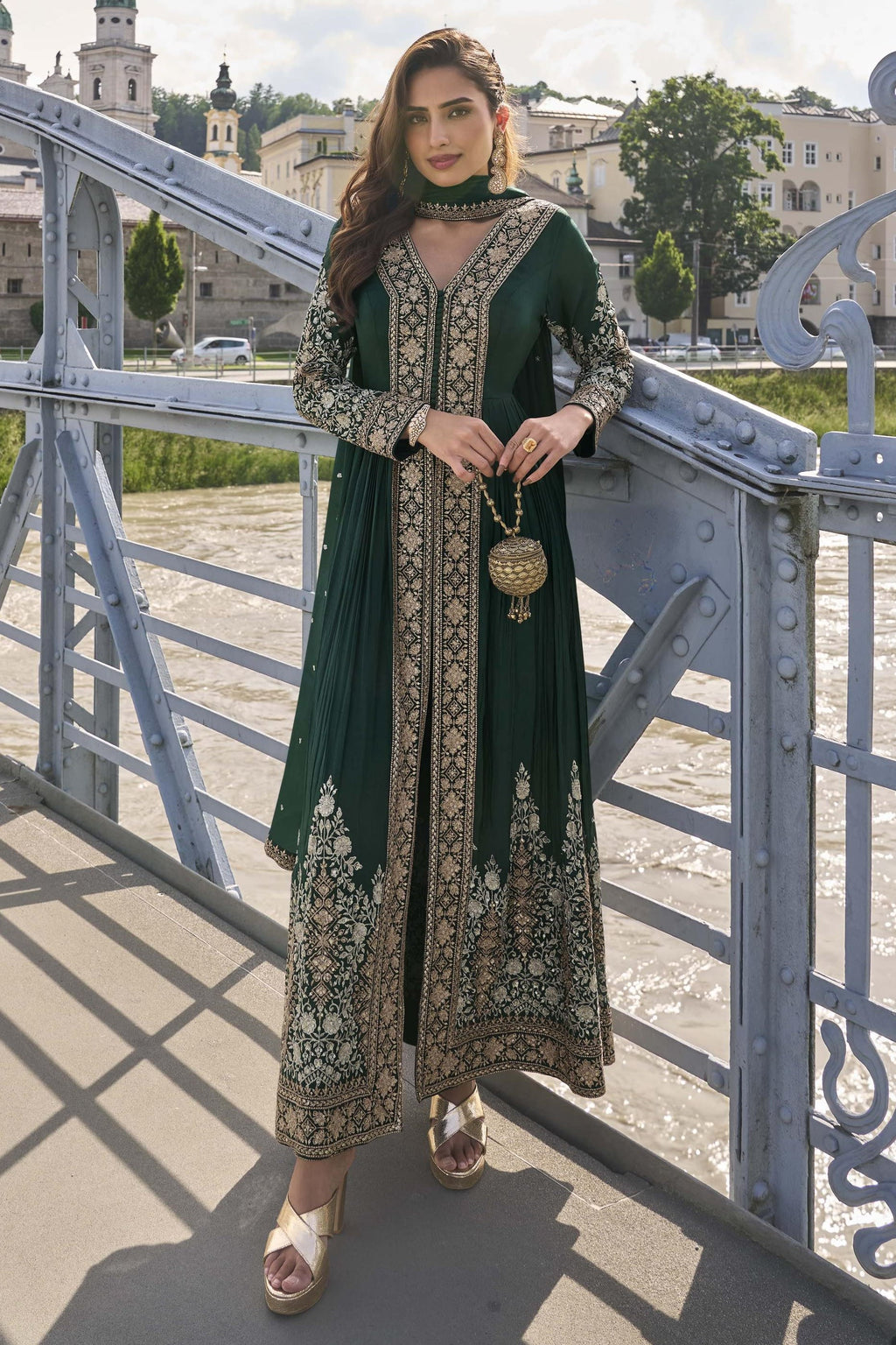 Green Chinon Silk Front Slit Anarkali With Pent For Indian & Pakistani Wedding Festival - Sequins & Thread Embroidery Work