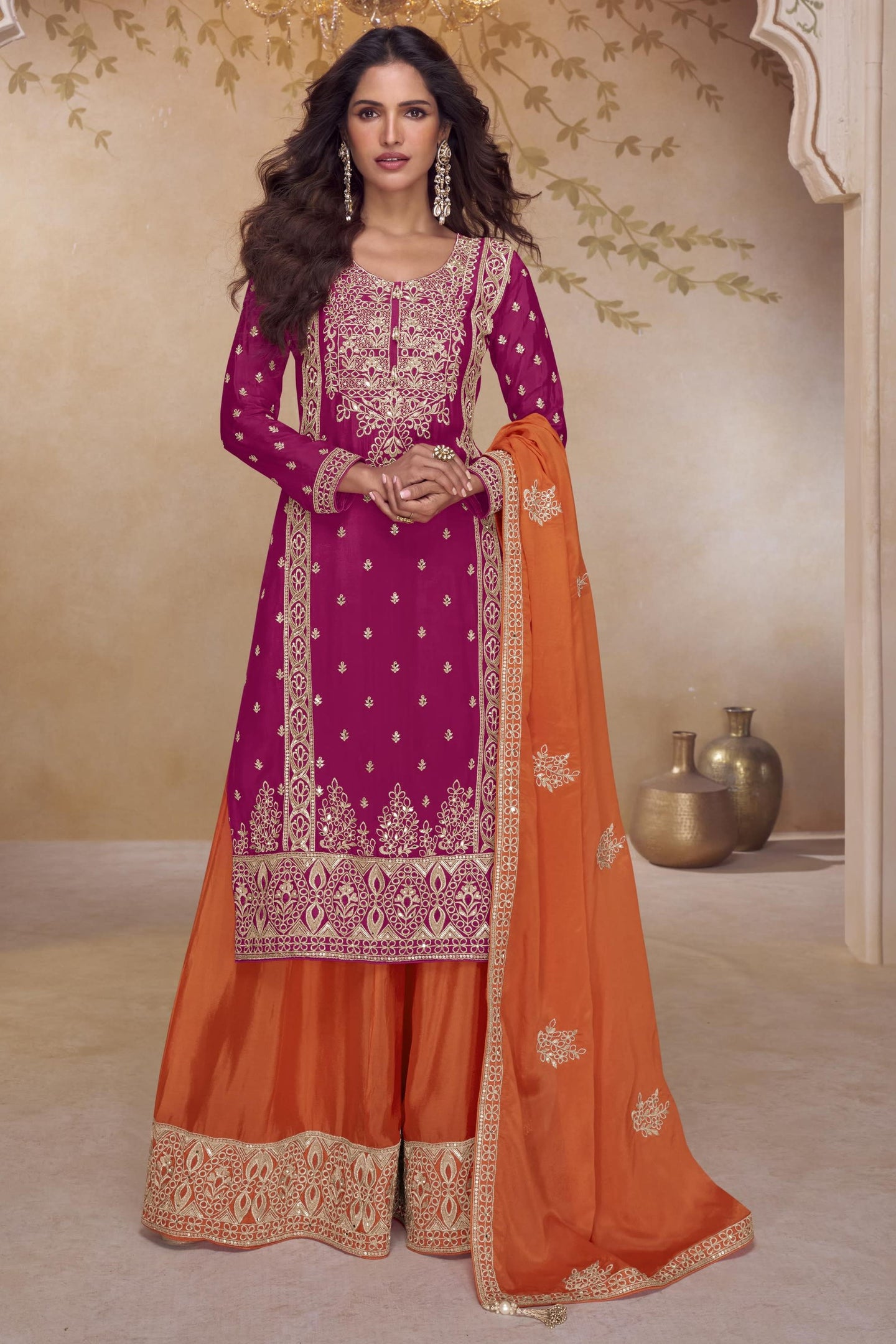 Rani Pink Chinon Silk Palazzo Dress For Indian & Pakistani Wedding Festival - Thread & Sequins Embroidery Work